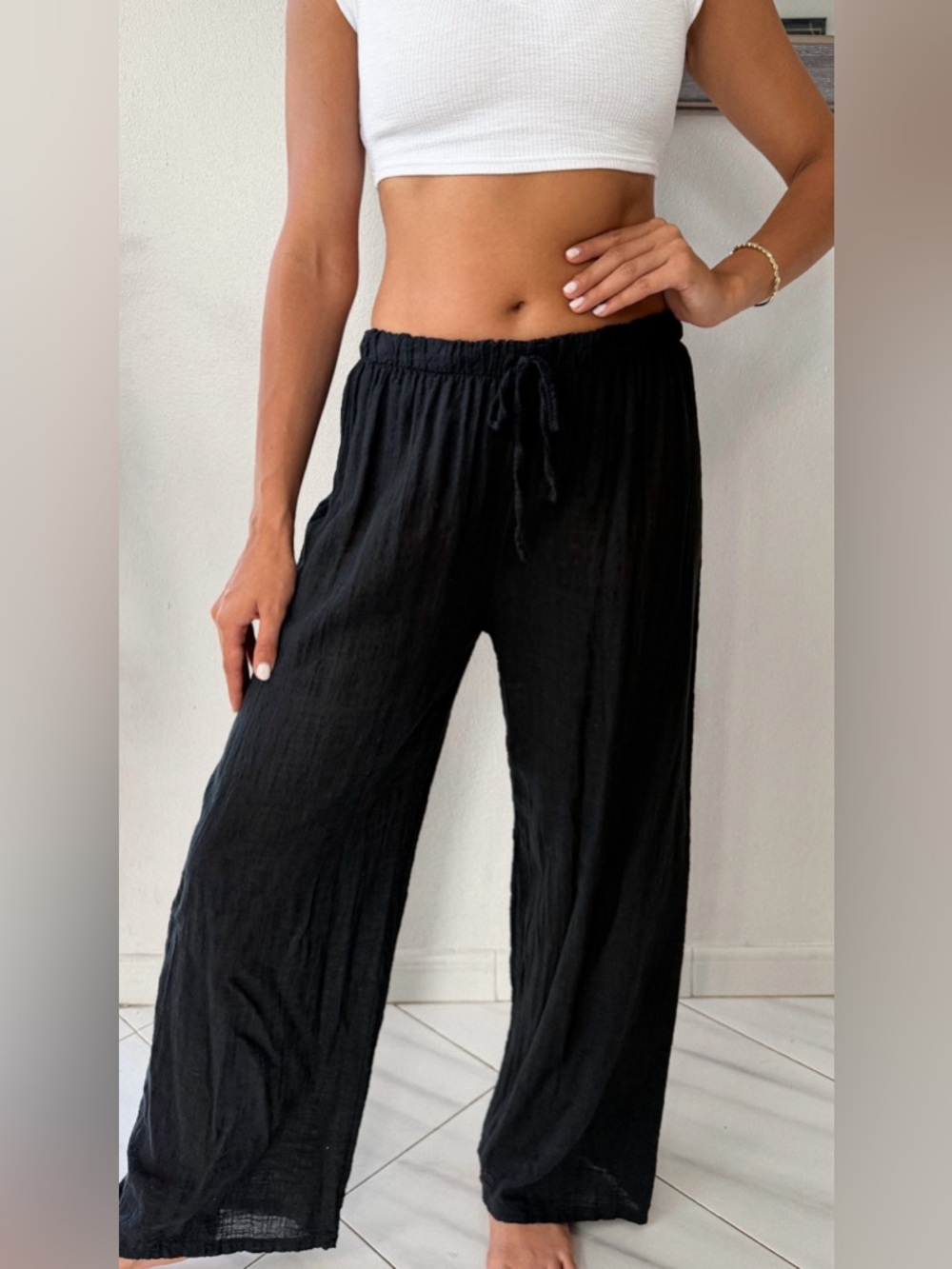 Black Wide-Leg Drawstring Pants
